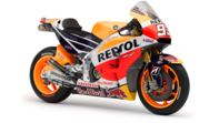 Bočný pohľad na motocykel Honda s dizajnom Repsol.